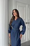 Yonca Moda Evi Mavi Tencel Uzun Kollu Elbise