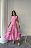 Yonca Moda Evi KETEN KOLSUZ BLUZ - MAXİ ETEK TAKIM - Pembe