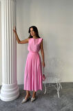 Yonca Moda Evi KETEN KOLSUZ BLUZ - MAXİ ETEK TAKIM - Pembe