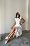 Yonca Moda Evi KETEN KOLSUZ BLUZ - MAXİ ETEK TAKIM - Beyaz