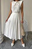 Yonca Moda Evi KETEN KOLSUZ BLUZ - MAXİ ETEK TAKIM - Beyaz