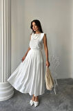 Yonca Moda Evi KETEN KOLSUZ BLUZ - MAXİ ETEK TAKIM - Beyaz