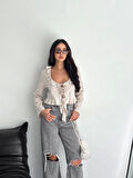Yonca Moda Evi Keten Uzun Kol Bağacık Detaylı Bluz - Bej