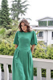 Yonca Moda Evi Yeşil Arkadan Bağlamalı Büzgülü Keten Elbise