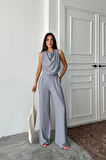 Yonca Moda Evi DEGAJE YAKA KOLSUZ BLUZ - PANTOLON TAKIM - Gri