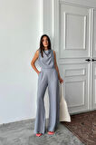 Yonca Moda Evi DEGAJE YAKA KOLSUZ BLUZ - PANTOLON TAKIM - Gri
