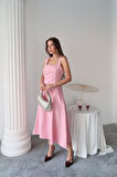 Yonca Moda Evi Pembe Çift Dikişli Gabardin Elbise