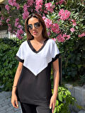 Yonca Moda Evi Kadın Kısa Kollu V Yaka Siyah Beyaz Renkli Viskon Iki Iplik Kumaş Eşofman Takımı