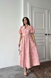Yonca Moda Evi Pembe Bebe Yaka Balon Kollu Elbise