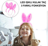 Kenarları Dantelli Fuşya Pullu Payetli Led Işıklı Tavşan Kulak Taç 23x19 Cm