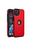 İphone 13 Pro Uyumlu Kırmızı Dikişli Logo Bölmeli Deri Telefon Kılıfı