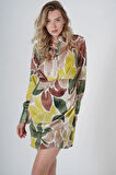 Yaprak Desenli Saten Kumaş Kadın Gömlek Elbise