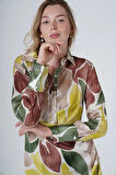 Yaprak Desenli Saten Kumaş Kadın Gömlek Elbise