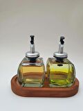 PıtrakStore Ahşap Stantlı Şeffaf 2'li 150ml Zeytinyağı Sosluk Yağlık Yağdanlık Gümüş Başlık