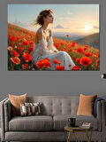 Gelincik Tarlasında Kadın Dekoratif Kanvas - Mdf Ahşap Tablo