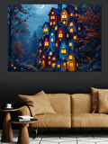 Karanlıkta Parlayan Evler Dekoratif Kanvas - Mdf Ahşap Tablo