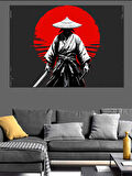 Kırmızı Güneşli Samuray Silüeti Dekoratif Kanvas - Mdf Ahşap Tablo