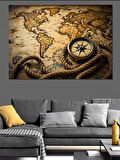 Pusulalı Antik Dünya Haritası Dekoratif Kanvas - Mdf Ahşap Tablo