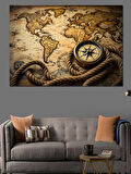 Pusulalı Antik Dünya Haritası Dekoratif Kanvas - Mdf Ahşap Tablo