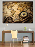 Pusulalı Antik Dünya Haritası Dekoratif Kanvas - Mdf Ahşap Tablo