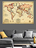 Retro Dünya Harita Çizimi Dekoratif Kanvas - Mdf Ahşap Tablo