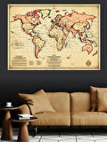 Retro Dünya Harita Çizimi Dekoratif Kanvas - Mdf Ahşap Tablo