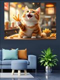 Mutlu Kedi Patates Kızartması Dekoratif Kanvas - Mdf Ahşap Tablo