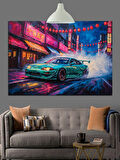 Neon Işıklar Altında Spor Araba Dekoratif Kanvas - Mdf Ahşap Tablo