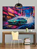 Neon Işıklar Altında Spor Araba Dekoratif Kanvas - Mdf Ahşap Tablo