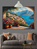 Akdeniz Manzaralı Çiçekli Evler Dekoratif Kanvas - Mdf Ahşap Tablo