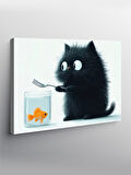 Kanvas Tablo Akvaryum Balıklı Kara Kedi 100cmx140cm