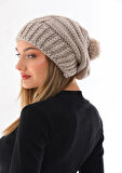 Wearflawless Kadın Taş Rengi Kalın Örgü Ponponlu Bere