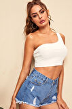 Kadın Beyaz Tek Omuz Crop Büstiyer