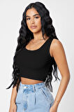 Kadın Siyah Kare Yaka Crop Top Bluz