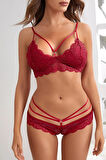 Kadın Bordo Dantelli Harness Sütyen Külot Takım