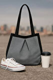 Siyah Gri Çok Amaçlı Premium Oversize Düz Orta Boy Kanvas Kadın El ve Omuz Çantası