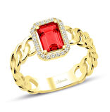 İtalyan Tasarım Halkalı Yakut Taşlı Altın Baget Yüzük