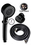 Yayke Turbo Pervaneli 5 Fonksiyonlu Duş Başlığı Duş Hortumu 150 Cm Ve Mafsal Set (SİYAH)