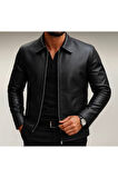 Premium Slim Fit Fermuarlı Basic Deri Ceket