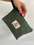 Yeşil, Yıkanabilir Fermuarlı Süet Tek Gözlü Makyaj Çantası, Organizer, Clutch