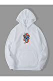Üç İplik Yılan Kurukafa Baskılı Unisex Beyaz Kanguru Cepli Kapüşonlu Sweatshirt Hoodie | XL