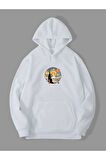 Üç İplik Yıldızlı Gece Baskılı Unisex Beyaz Kanguru Cepli Kapüşonlu Sweatshirt Hoodie | XL