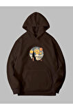 Üç İplik Yıldızlı Gece Baskılı Unisex Kahverengi Kanguru Cepli Kapüşonlu Sweatshirt Hoodie | XL
