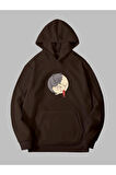 Üç İplik Ying Yang Baskılı Unisex Kahverengi Kanguru Cepli Kapüşonlu Sweatshirt Hoodie | M