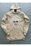 Youth Baskılı Bej Erkek Kapüşonlu 3 iplik Şardonlu Ribanalı Kanguru Cepli Sweatshirt Hoodie