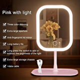 Dokunmatik LED Işıklı Makyaj Aynası - USB Şarjlı, Pembe, Ayaklı Organizer Tepsili