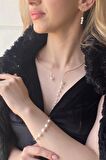 Birinci1926 14 Ayar Altın Kadın Sallantılı İnci Kolye Küpe Bileklik 3 lü Set