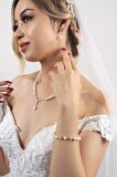 Birinci1926 14 Ayar Altın Kadın Yaprak Taşlı Kolye Küpe Bileklik Üçlü İnci Set