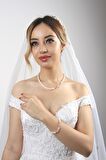 Birinci1926 14 Ayar Rose Altın Kadın Yaprak Taşlı İnciKolye Bileklik İkili Set