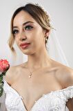 Birinci1926 14 Ayar Altın Kadın Baget Sekizgen İnci Sallantı Set
